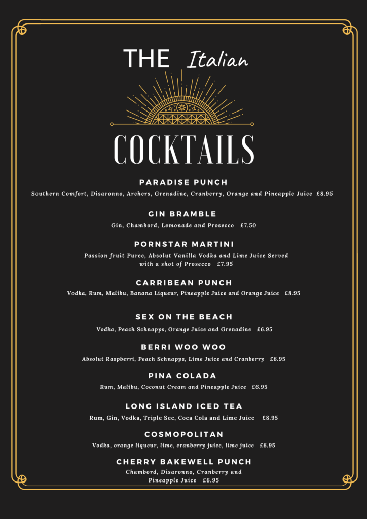 Cocktail Menu - The Italian Glossop